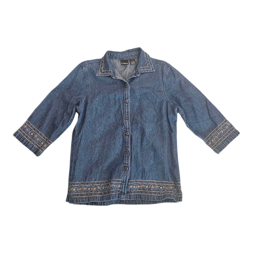 Erika Small Blue Embroidered Button Up Denim Jacket